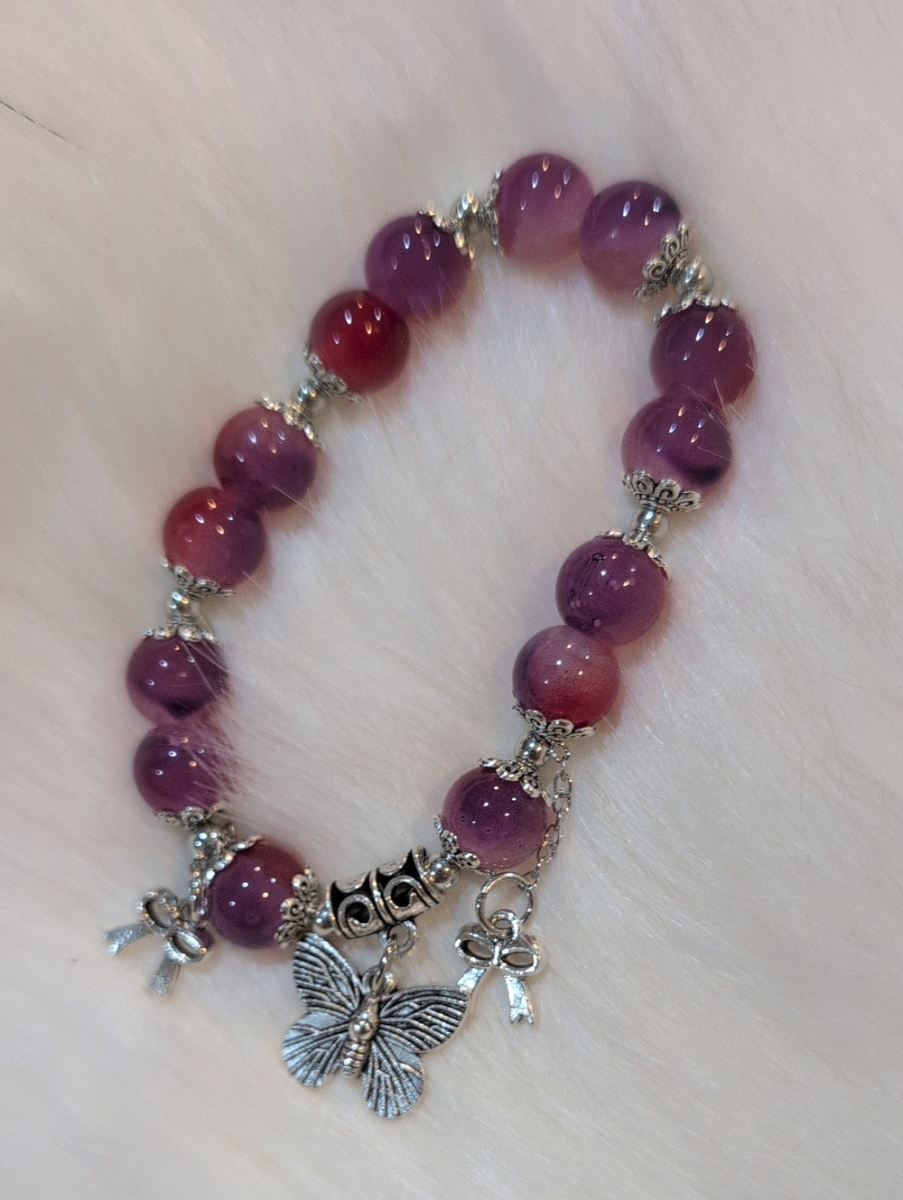 Purple Beaded Butterfly Charm Bracelet